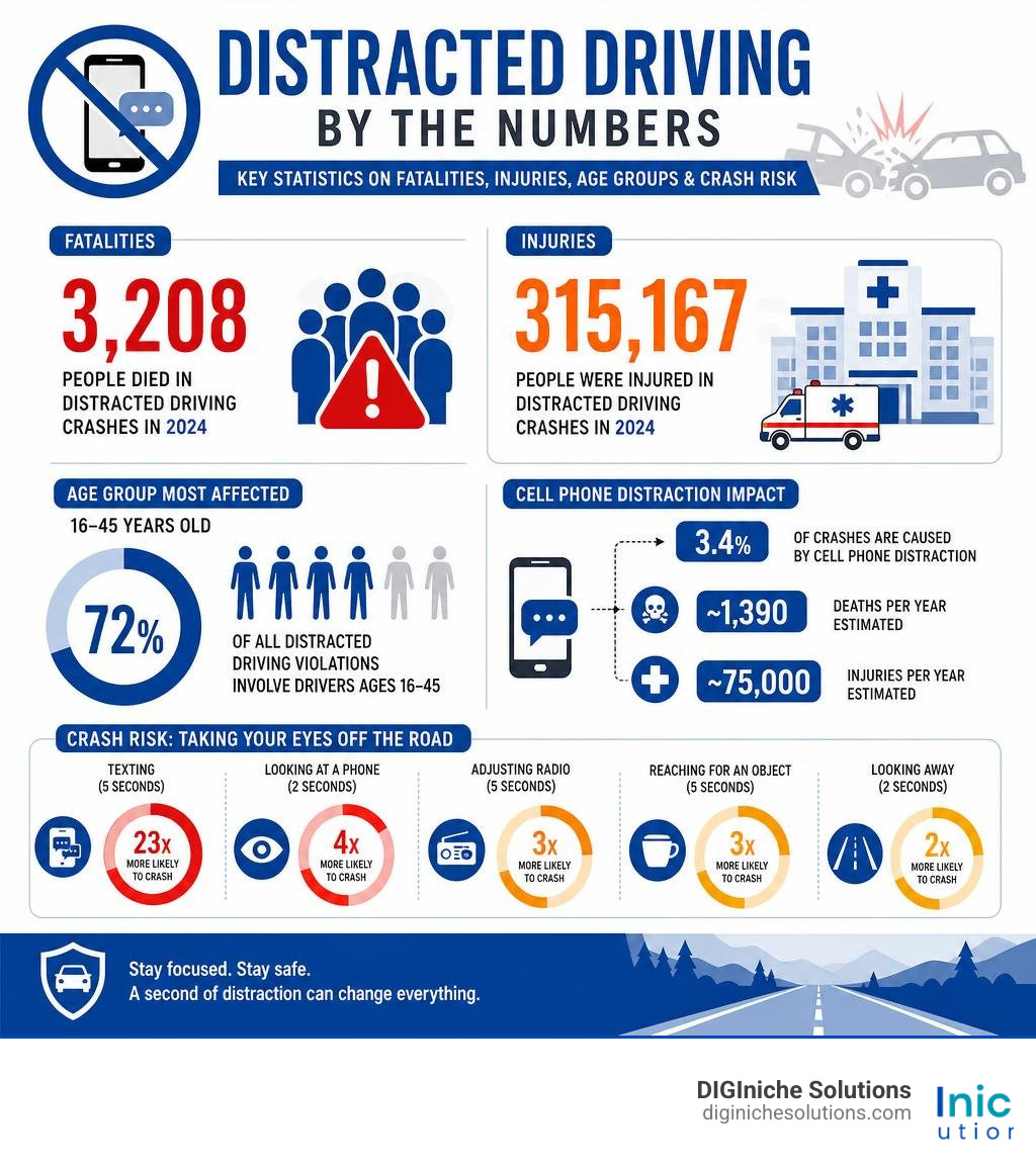 Distracted driving statistics infographic: fatalities, injury rates, age groups, and crash risk data infographic