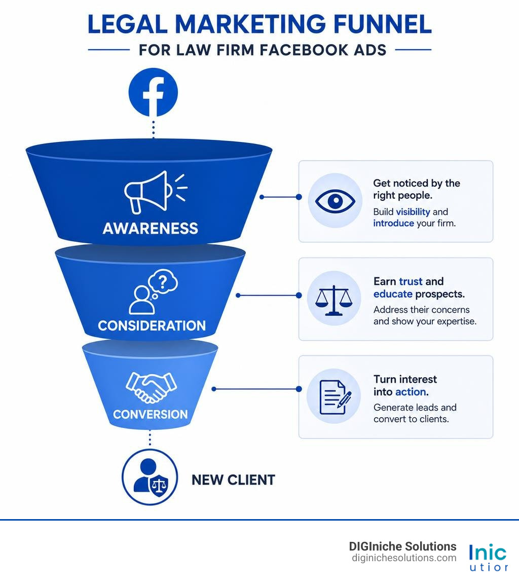 Legal marketing funnel showing awareness consideration and conversion stages for law firm Facebook ads infographic