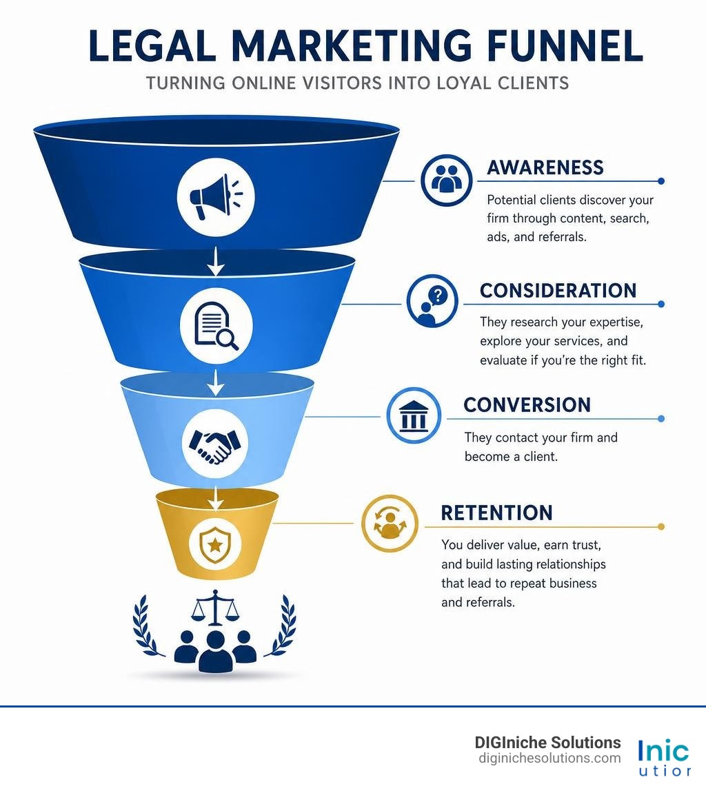 Legal marketing funnel showing awareness, consideration, conversion, and retention stages for law firms infographic Legal marketing funnel showing awareness, consideration, conversion, and retention stages for law firms infographic