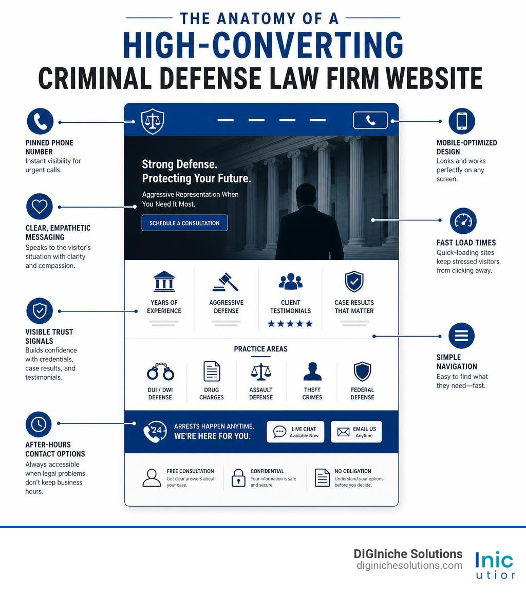 Infographic: anatomy of a high-converting criminal defense law firm website showing key elements infographic Infographic: anatomy of a high-converting criminal defense law firm website showing key elements infographic