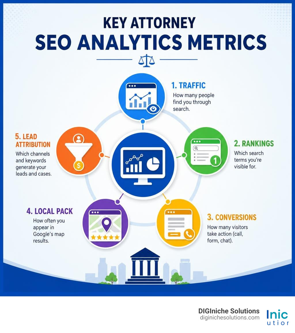 Key attorney SEO analytics metrics: traffic, rankings, conversions, local pack, lead attribution infographic