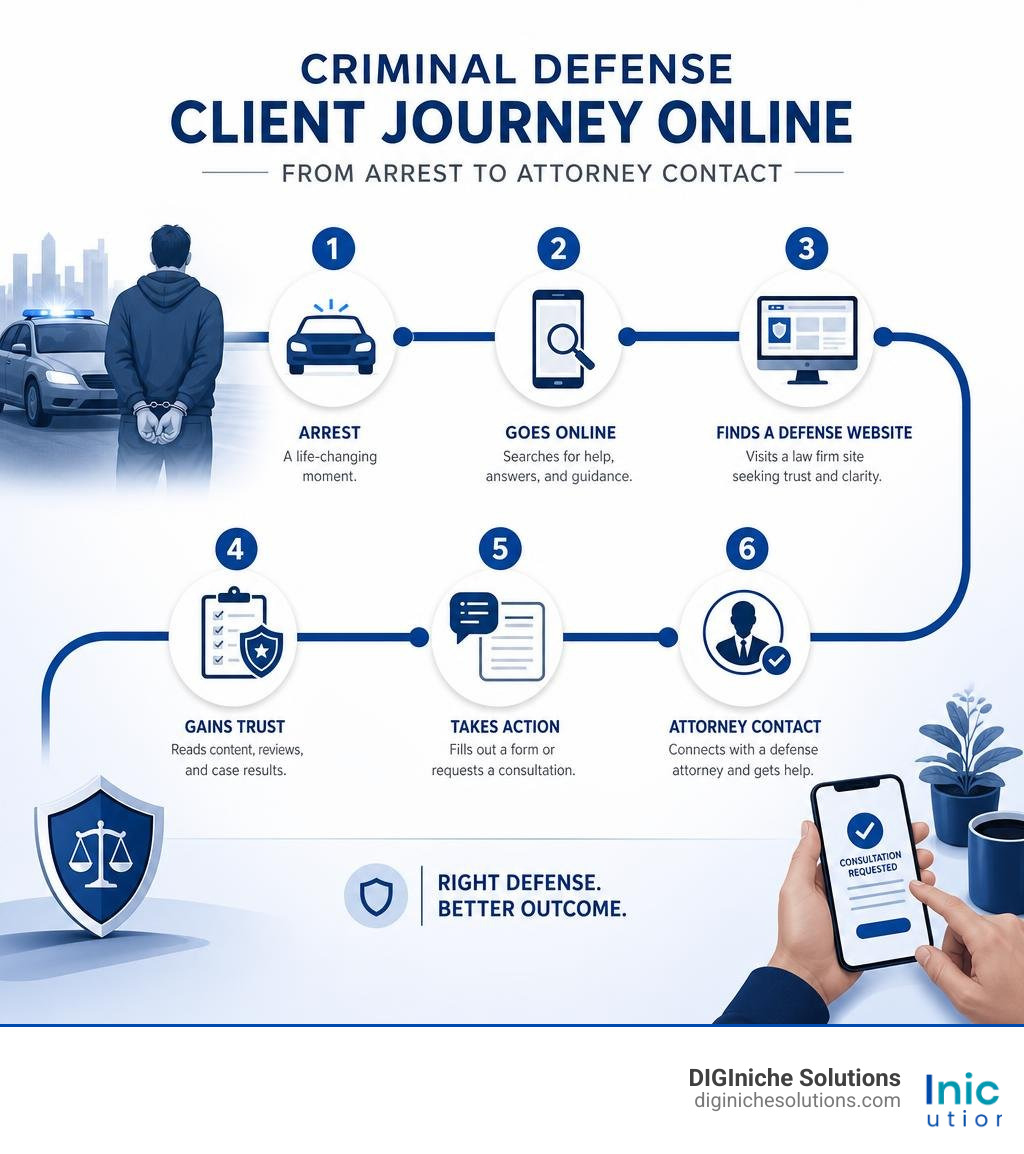 Infographic showing the criminal defense client journey online from arrest to attorney contact infographic