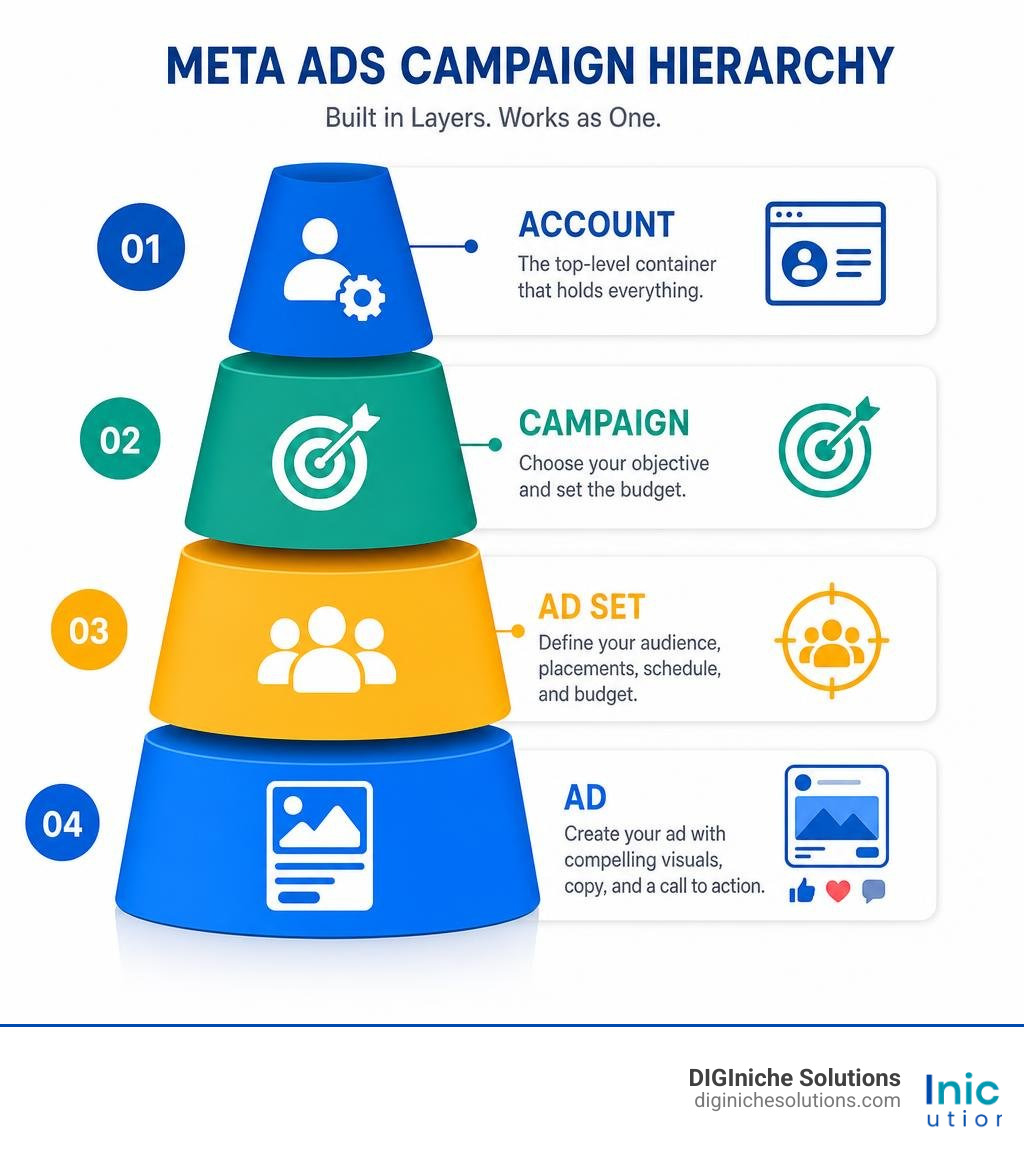 Meta Ads campaign hierarchy infographic showing Account, Campaign, Ad Set, and Ad levels infographic