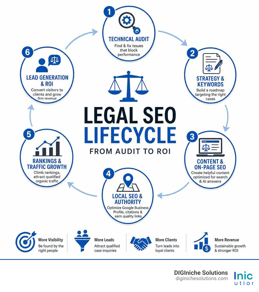 Legal SEO lifecycle infographic showing phases from technical audit to lead generation and ROI infographic