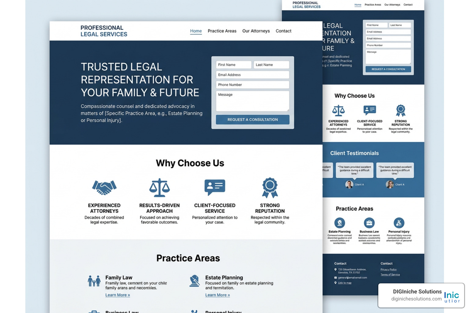 High-converting law firm landing page layout showing contact form and trust signals