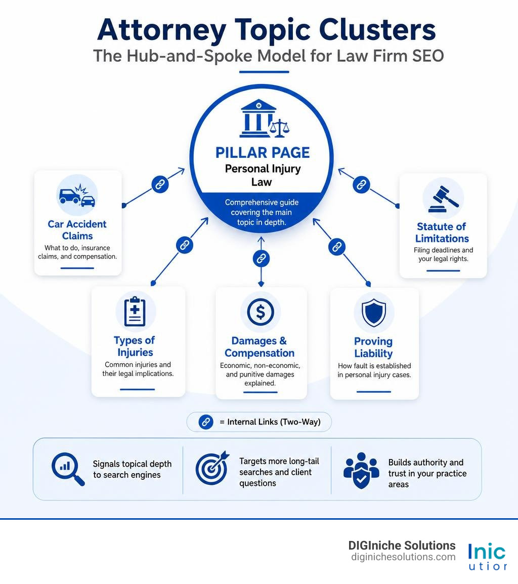 Hub-and-spoke model infographic showing pillar page connected to cluster pages for law firm SEO infographic