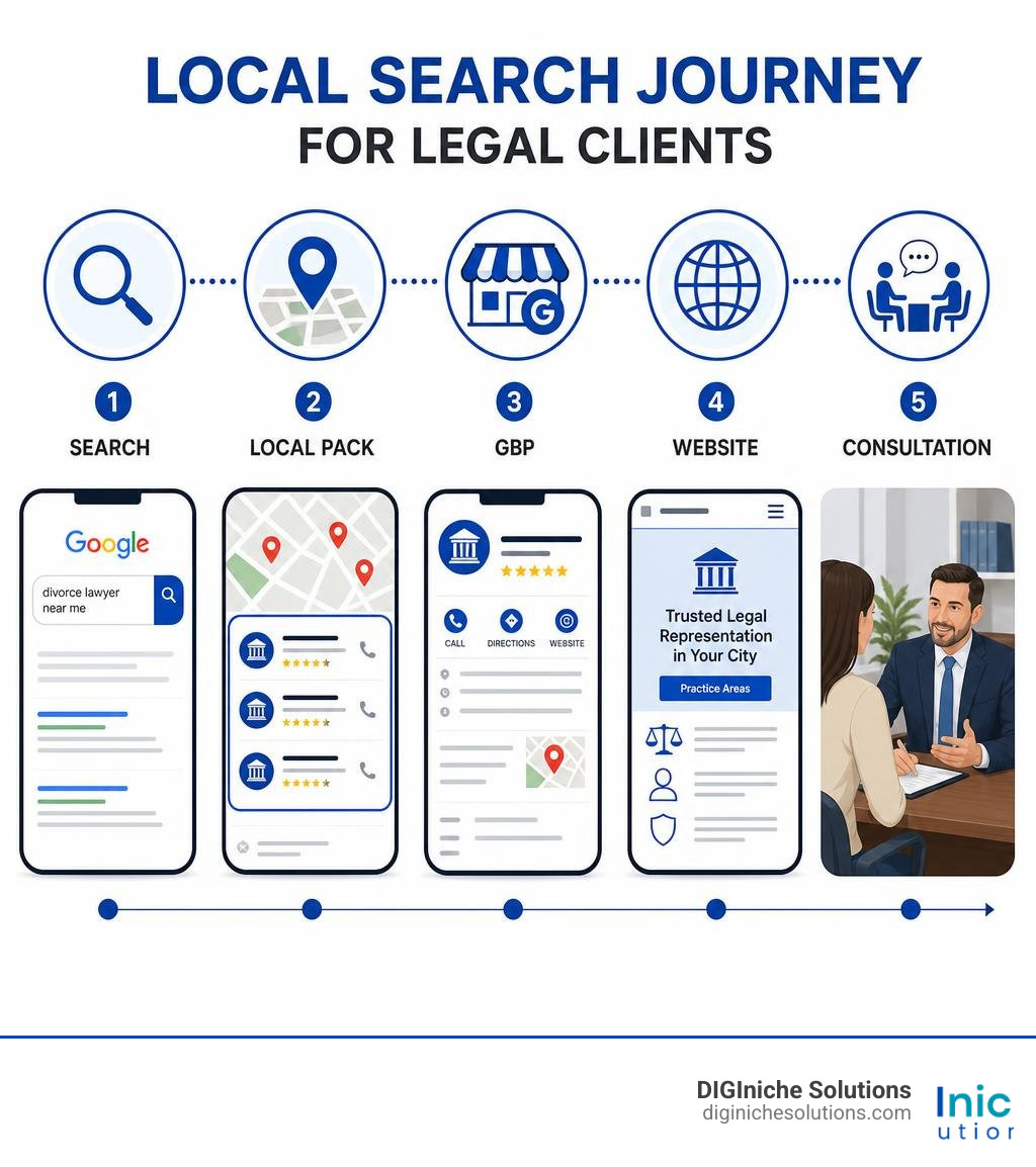 Local search journey for legal clients: search → local pack → GBP → website → consultation infographic