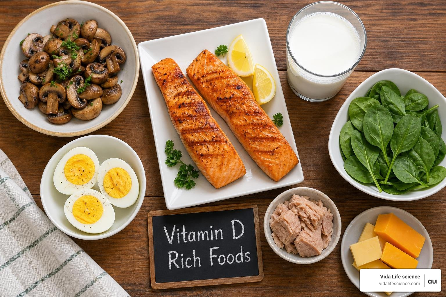 A colorful spread of vitamin D-rich foods including salmon, eggs, mushrooms, and fortified milk