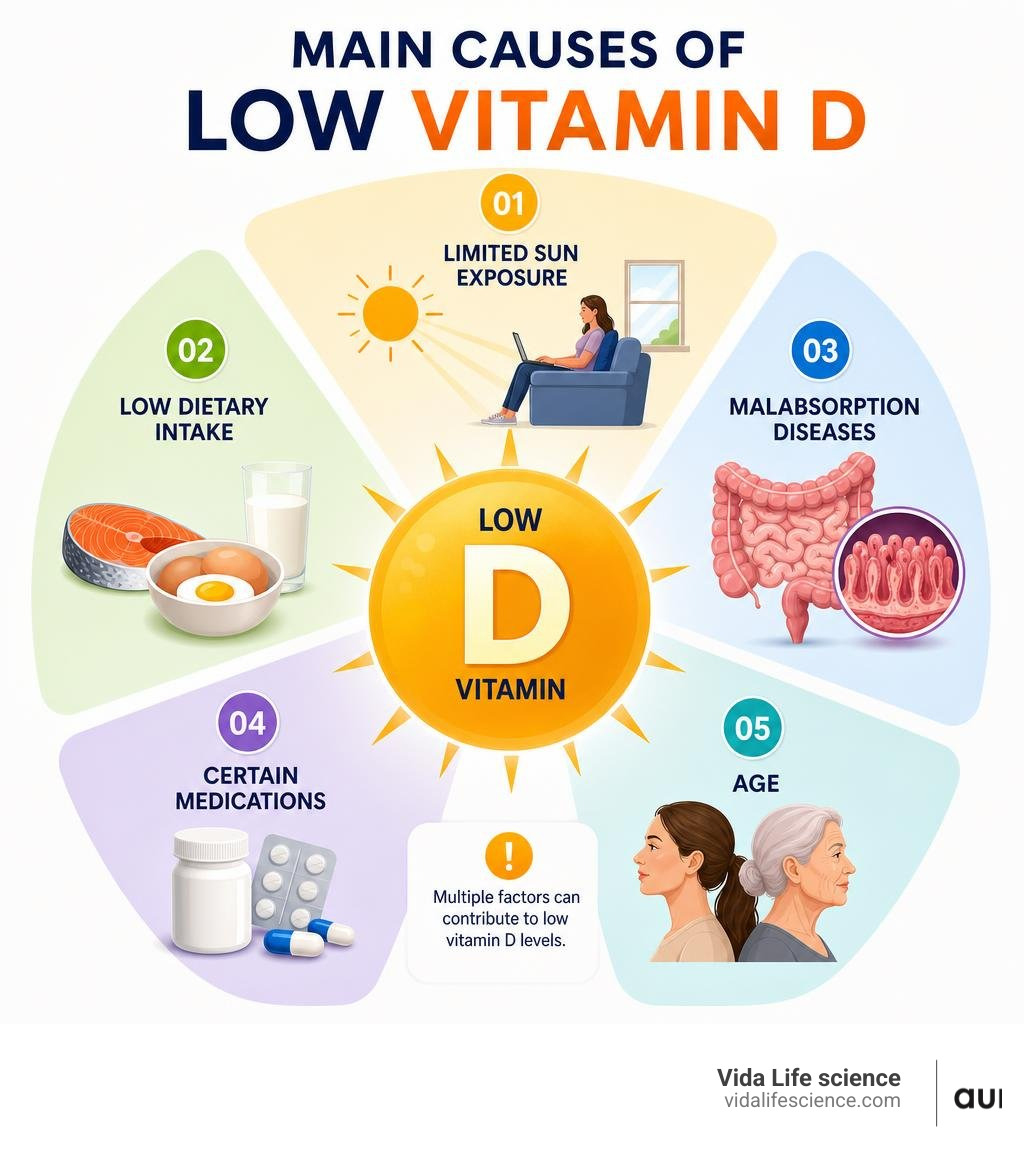 Infographic showing main causes of low vitamin D including sun exposure, diet, disease, medications, and age infographic
