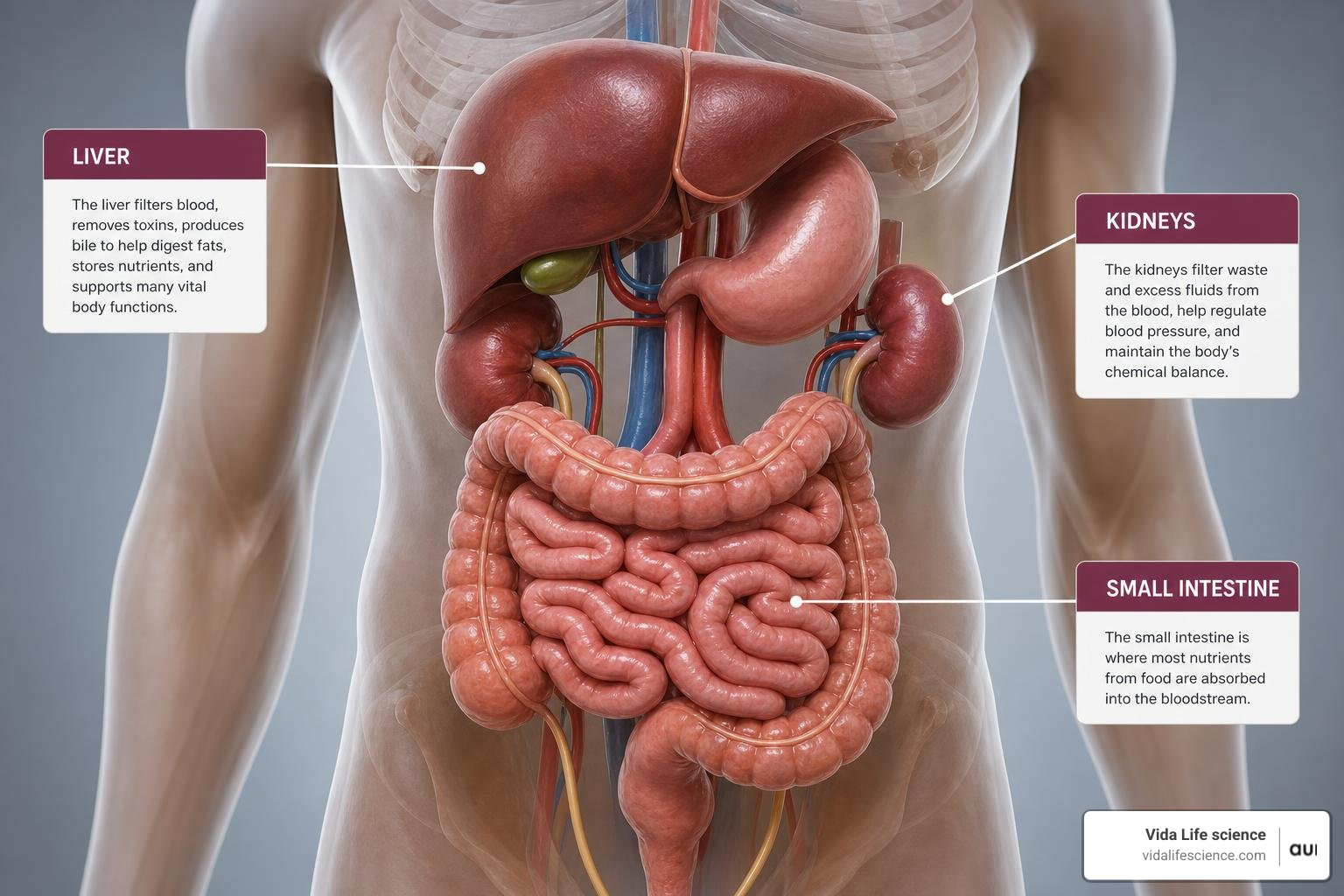 Highly detailed diagram of the human digestive tract highlighting the small intestine, liver, and kidneys