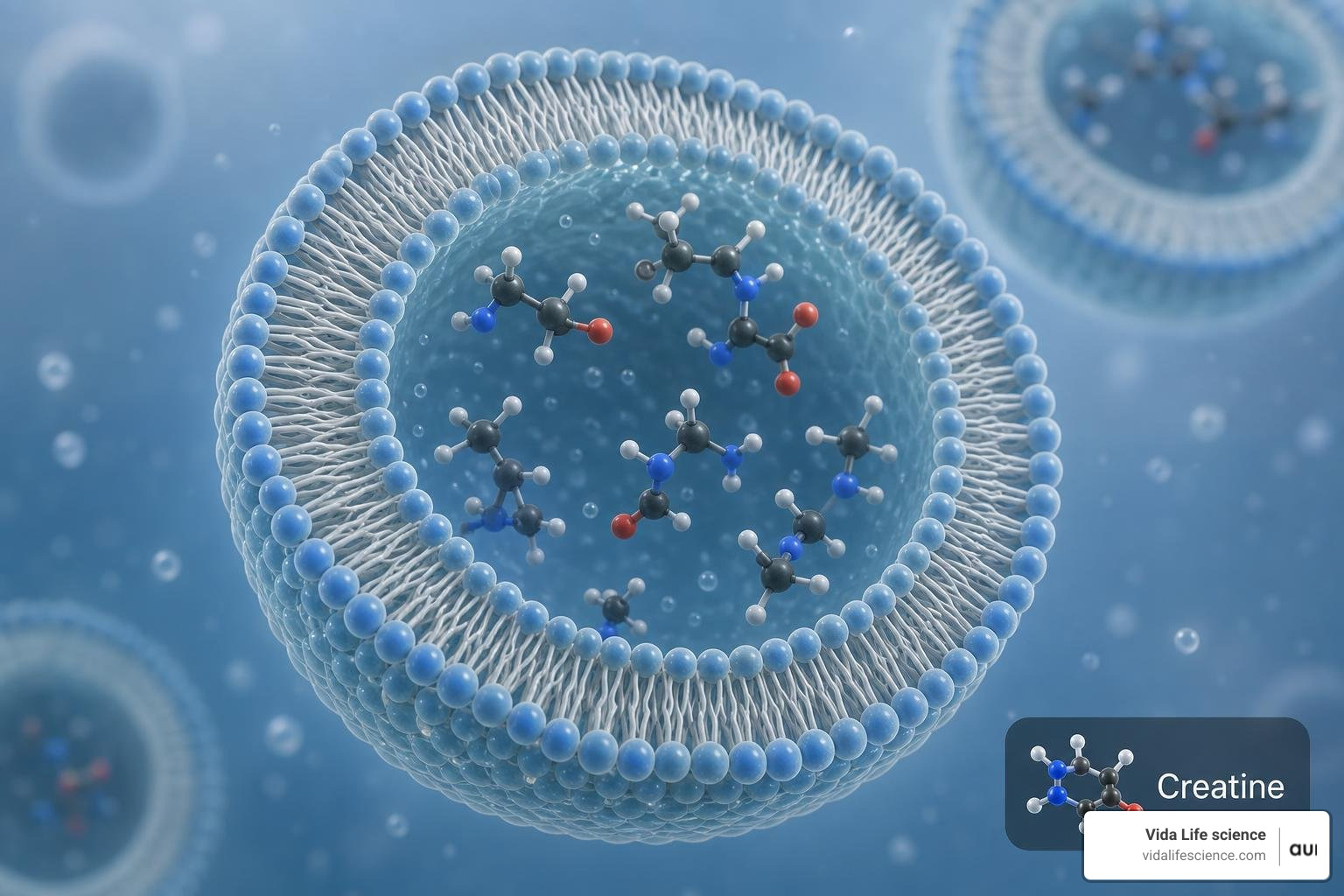 Liposome structure showing phospholipid bilayer encapsulating active creatine Liposome structure showing phospholipid bilayer encapsulating active creatine