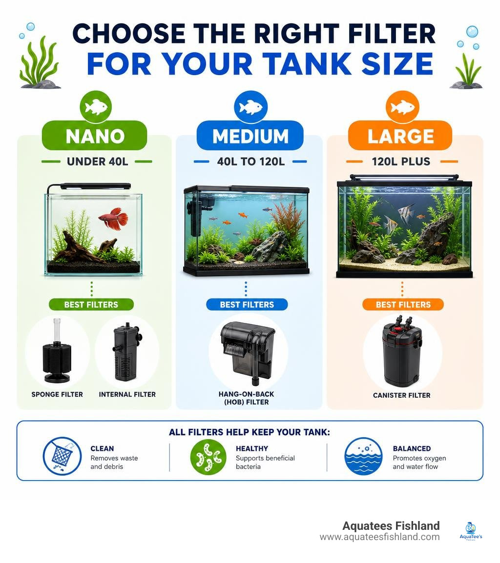 Infographic comparing filter types by tank volume: Nano under 40L, Medium 40 to 120L, Large 120L plus infographic
