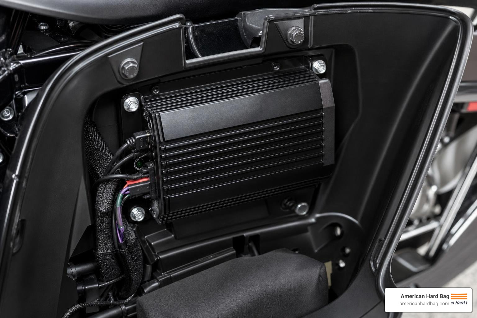 A compact high-efficiency Class D motorcycle amplifier designed to mount inside a fairing