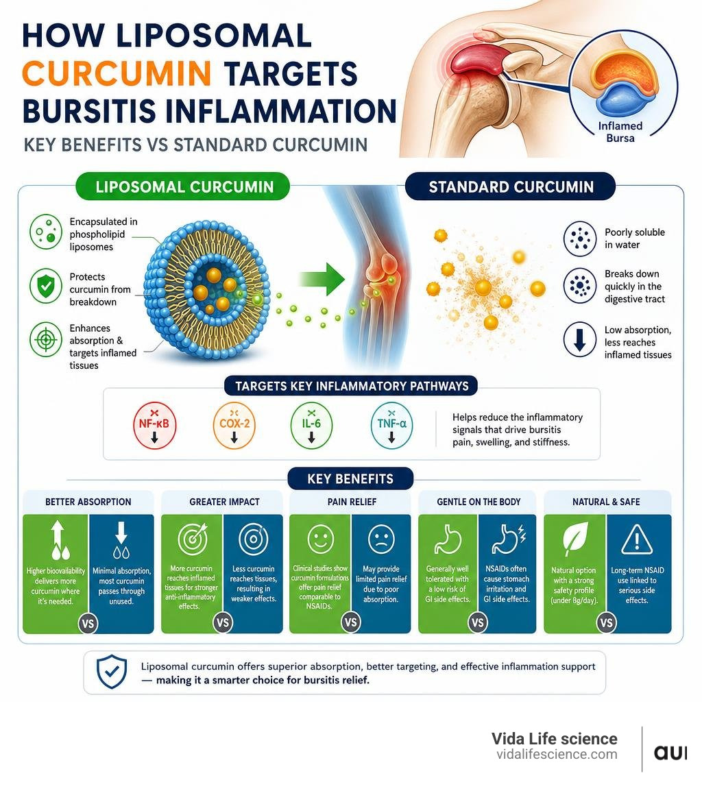 How liposomal curcumin targets bursitis inflammation — key benefits vs standard curcumin infographic How liposomal curcumin targets bursitis inflammation — key benefits vs standard curcumin infographic
