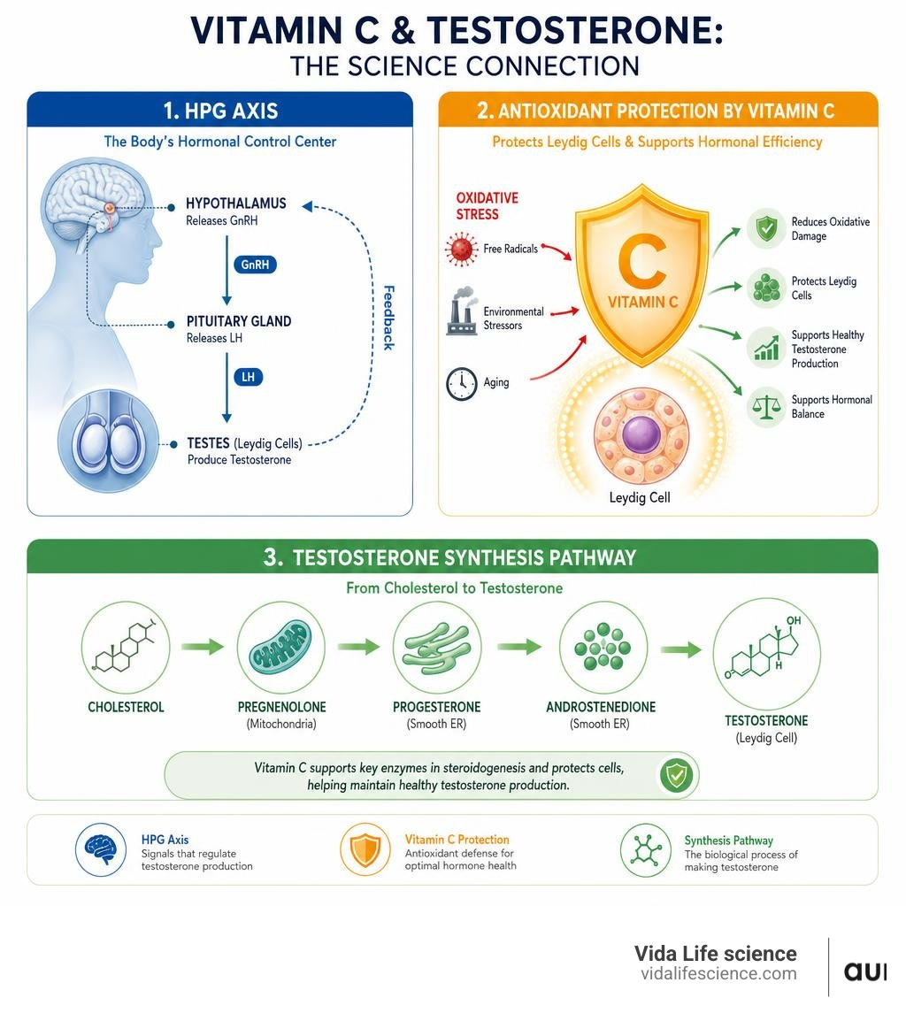 Infographic showing HPG axis, antioxidant protection by vitamin C, and testosterone synthesis pathway infographic Infographic showing HPG axis, antioxidant protection by vitamin C, and testosterone synthesis pathway infographic
