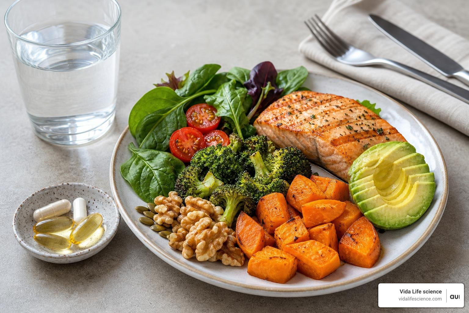 A balanced meal displaying fresh vegetables and healthy fats representing optimal supplement timing