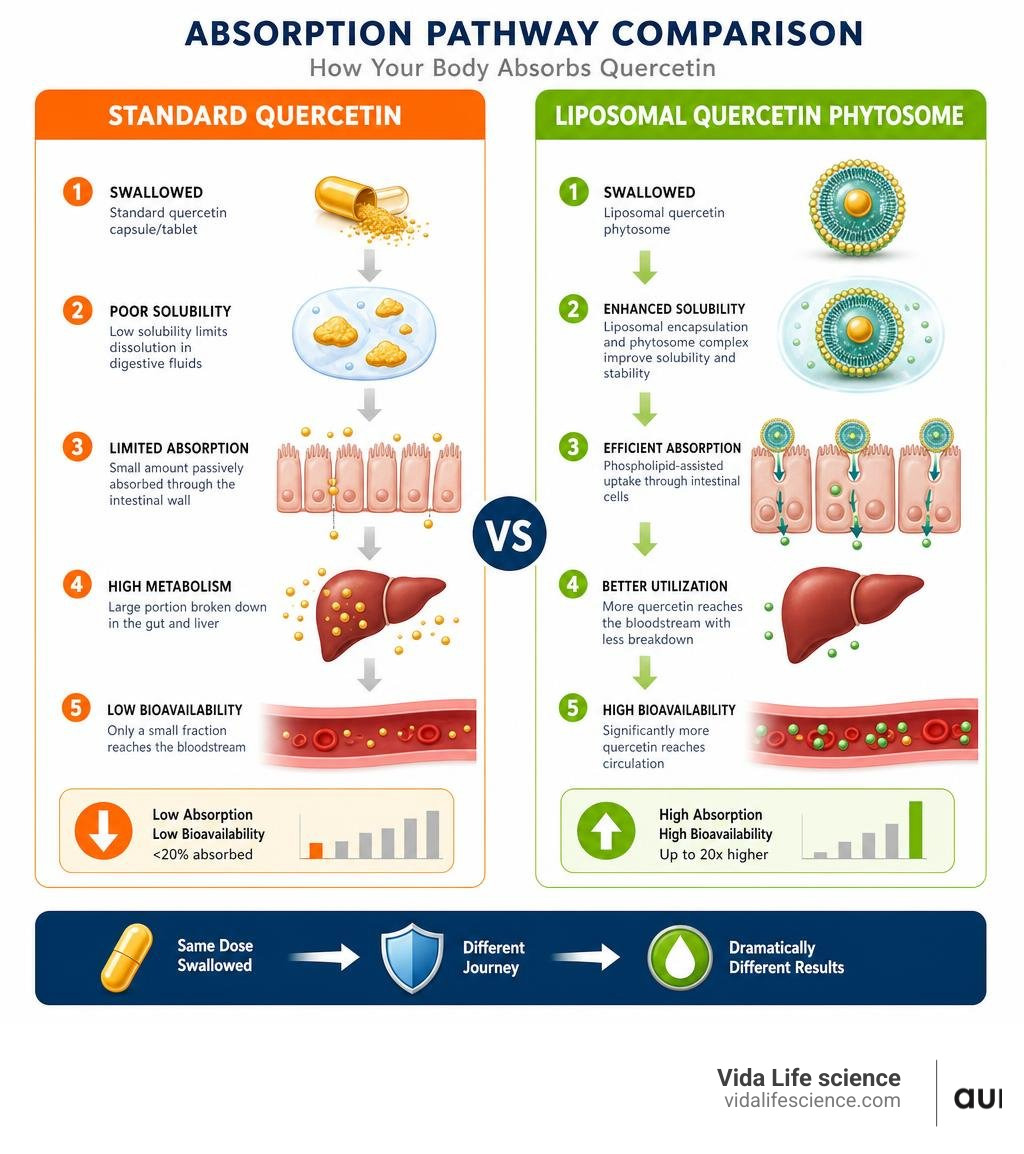Infographic comparing absorption pathway of standard quercetin vs liposomal quercetin phytosome infographic