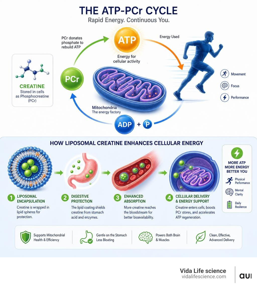 Infographic showing ATP-PCr cycle and how liposomal creatine enhances cellular energy production infographic Infographic showing ATP-PCr cycle and how liposomal creatine enhances cellular energy production infographic