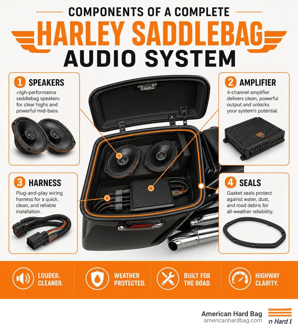 Components of a complete Harley saddlebag audio system including speakers, amp, harness, and seals infographic