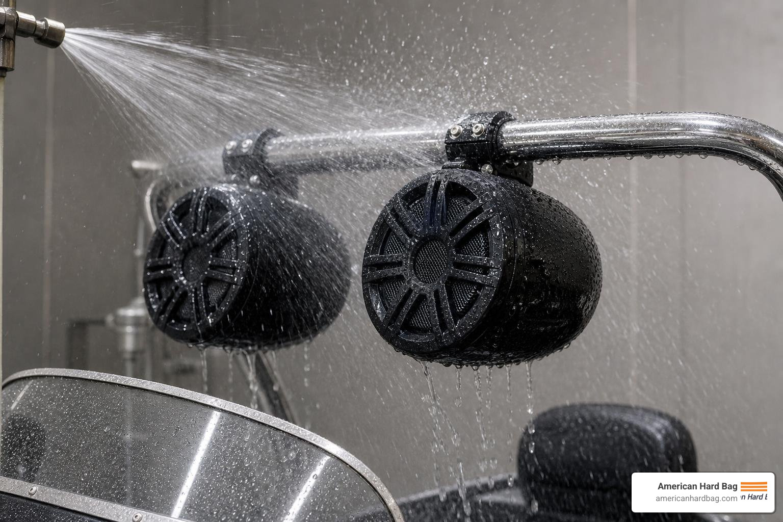 waterproof motorcycle speakers being tested under heavy water spray
