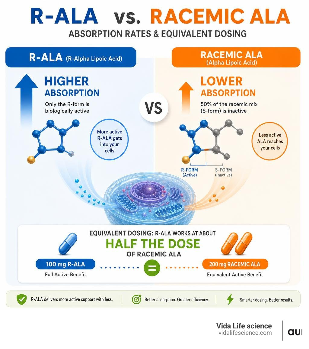 Infographic comparing R-ALA vs racemic ALA absorption rates and equivalent dosing infographic