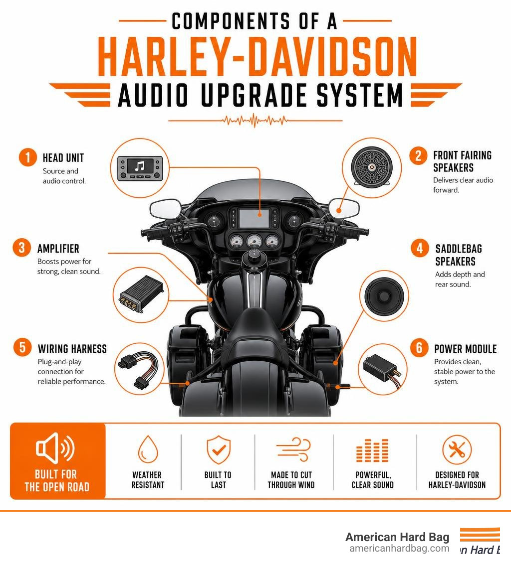 Components of a Harley-Davidson motorcycle audio upgrade system infographic infographic