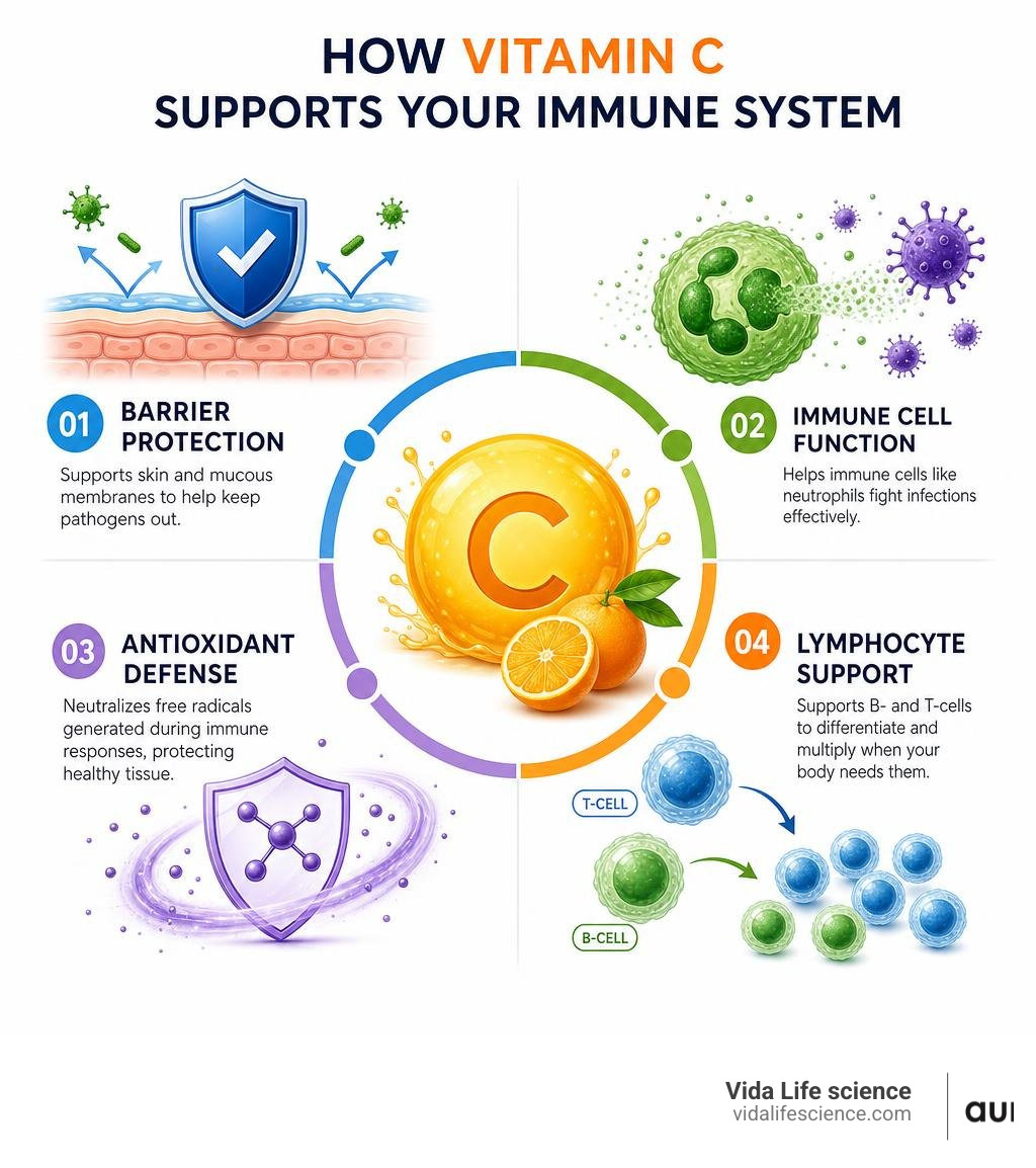 Infographic showing how vitamin C supports the immune system: barrier protection, immune cell function, antioxidant defense
