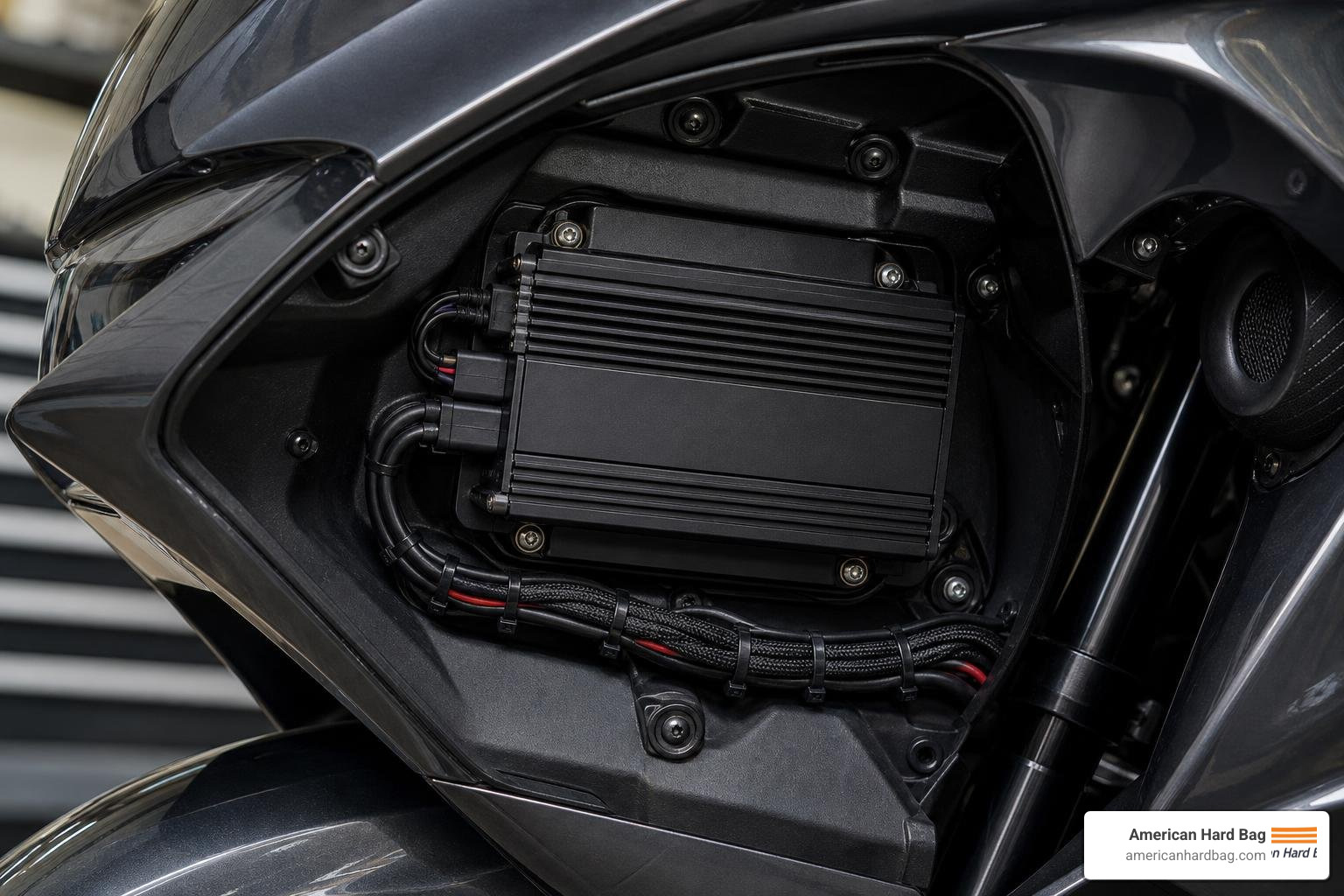 motorcycle amplifier mounted inside a fairing showing clean wiring
