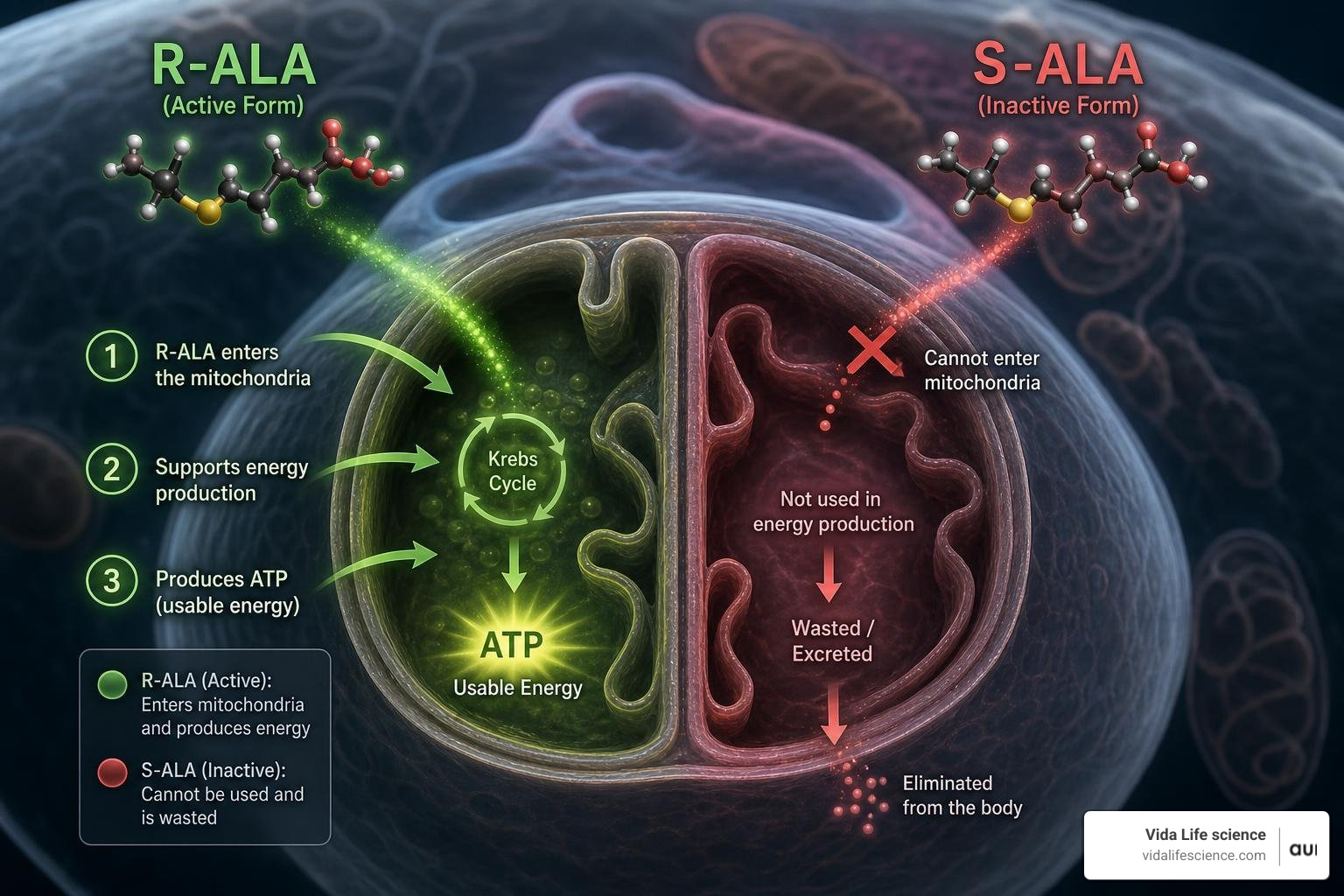 Diagram showing how R-ALA directly enters the mitochondria to produce energy while S-ALA is largely wasted