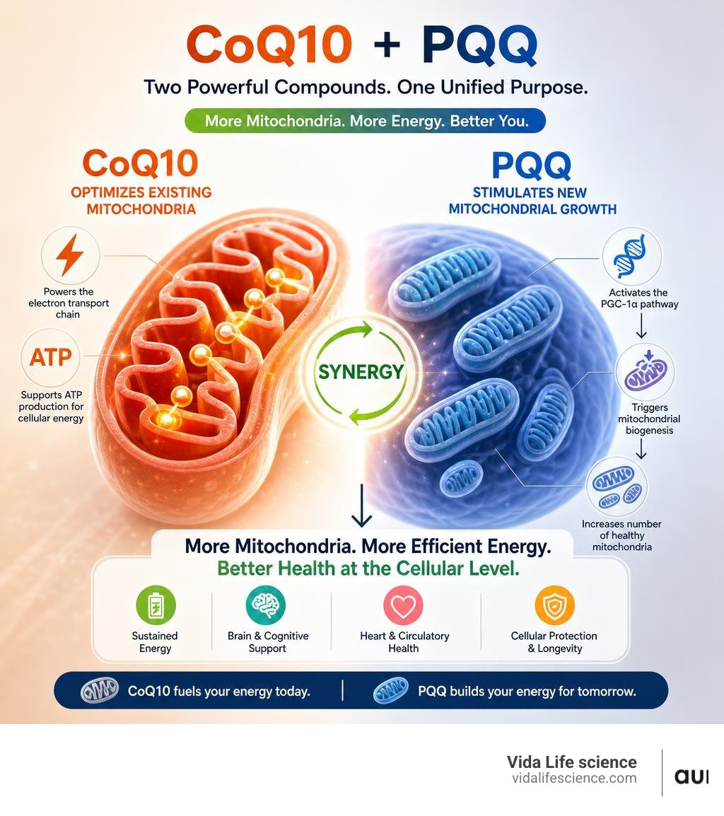 Infographic showing CoQ10 optimizing existing mitochondria and PQQ stimulating new mitochondrial growth synergy infographic