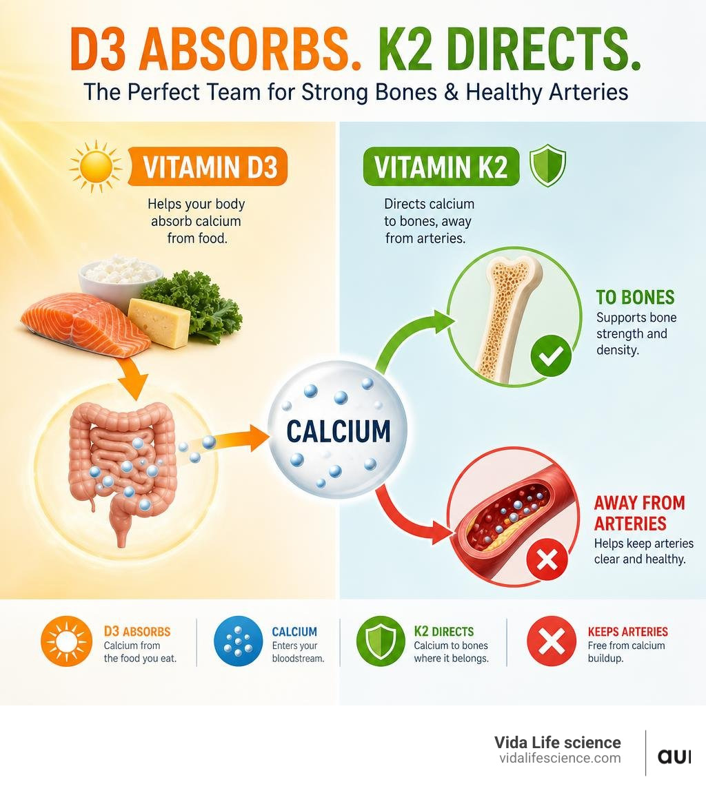 Infographic showing how Vitamin D3 absorbs calcium and K2 directs it to bones, away from arteries infographic