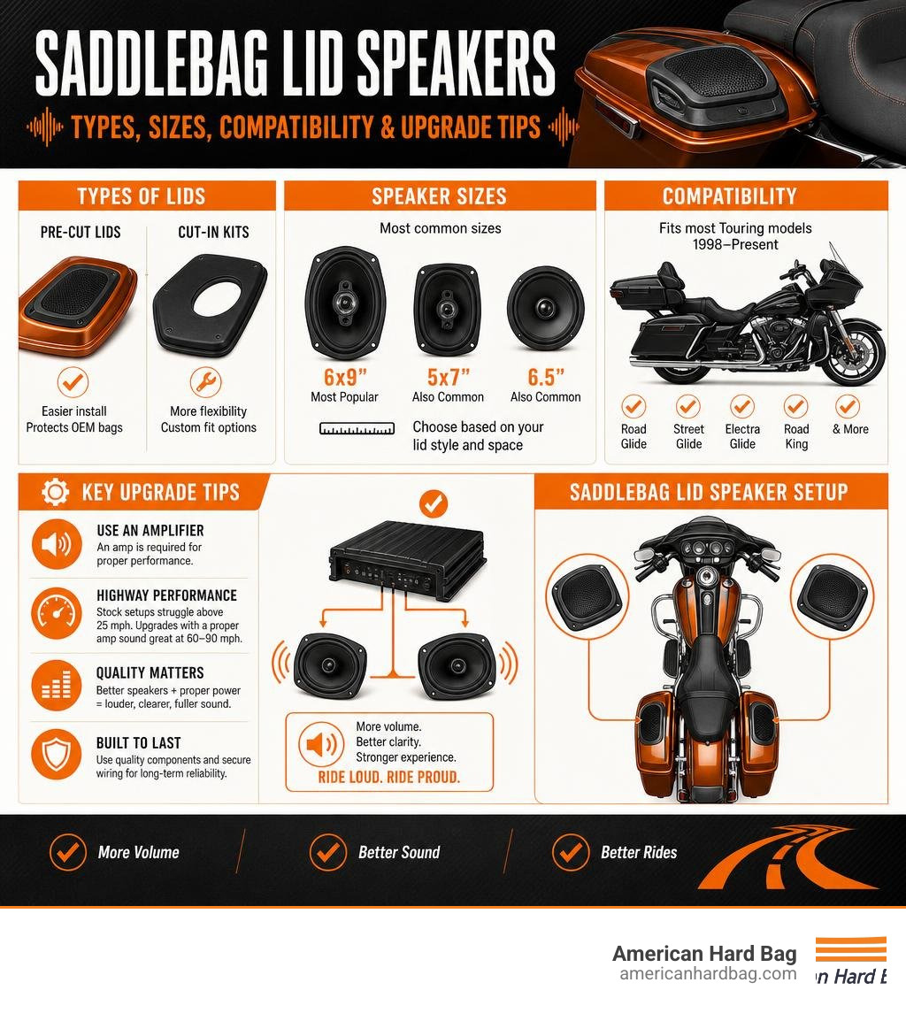 Infographic showing saddlebag lid speaker types, sizes, compatibility, and key upgrade tips infographic