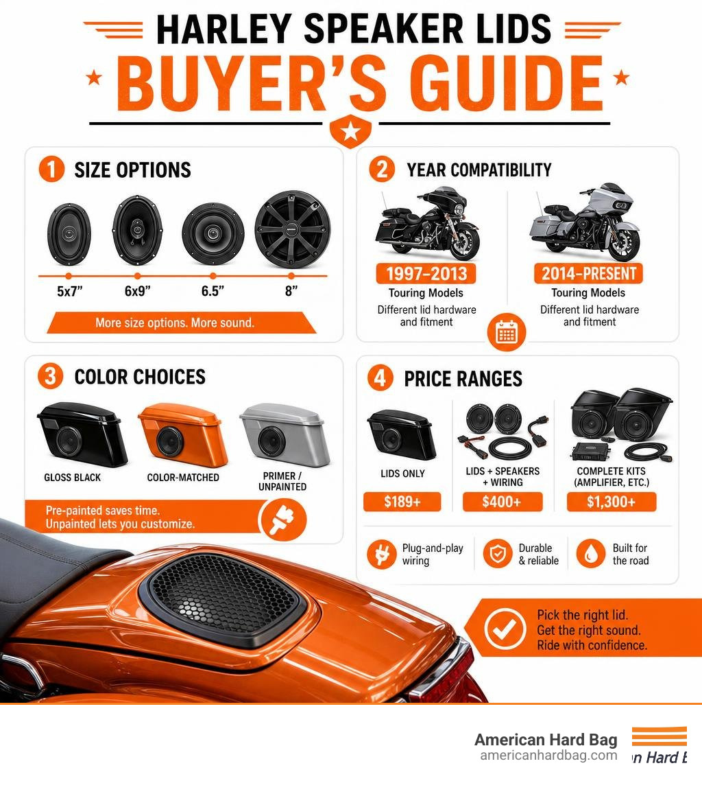 Infographic showing Harley speaker lid buyer's guide: size options, year compatibility, color choices, price ranges