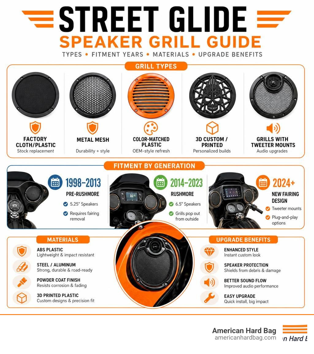 Infographic showing Street Glide speaker grill types, fitment years, materials, and upgrade benefits infographic