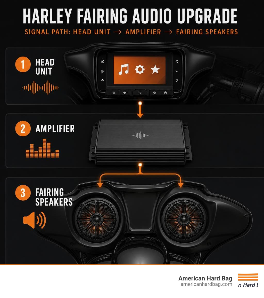 Harley fairing audio upgrade signal path from head unit to amplifier to fairing speakers infographic