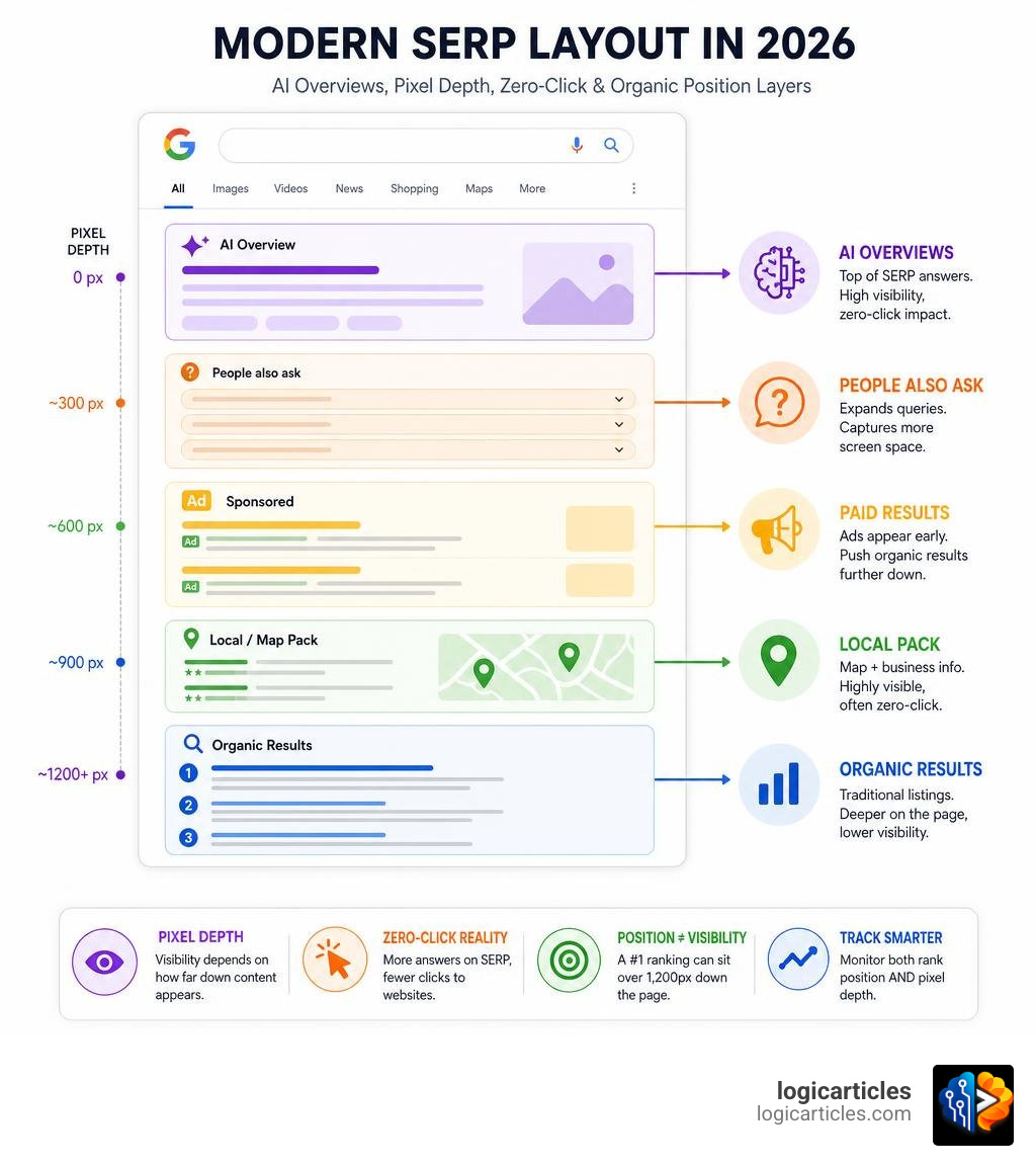 Modern SERP layout in 2026 showing AI Overviews, pixel depth, zero-click, and organic position layers infographic Modern SERP layout in 2026 showing AI Overviews, pixel depth, zero-click, and organic position layers infographic