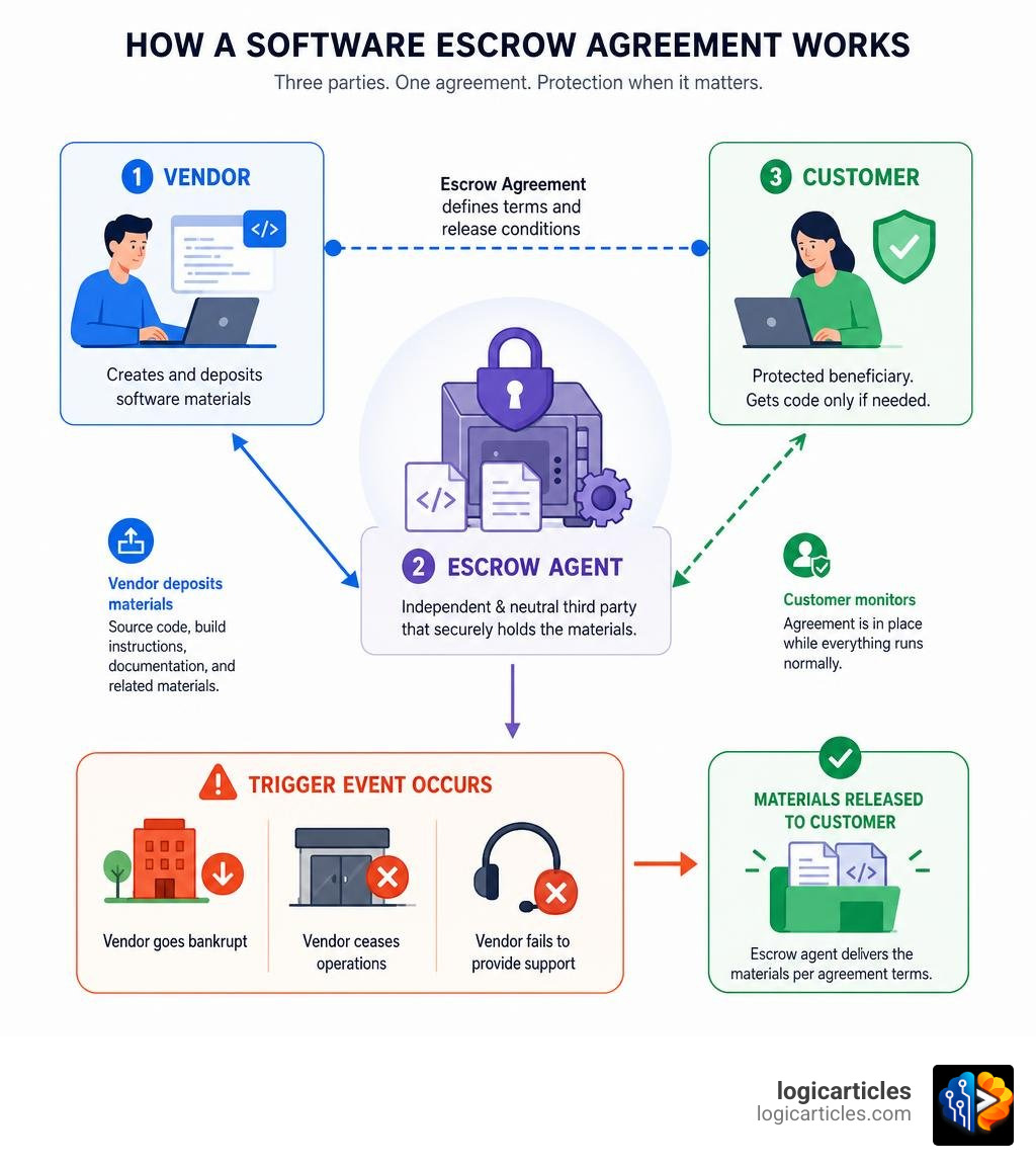 Diagram showing how a software escrow agreement works between vendor, escrow agent, and customer infographic Diagram showing how a software escrow agreement works between vendor, escrow agent, and customer infographic