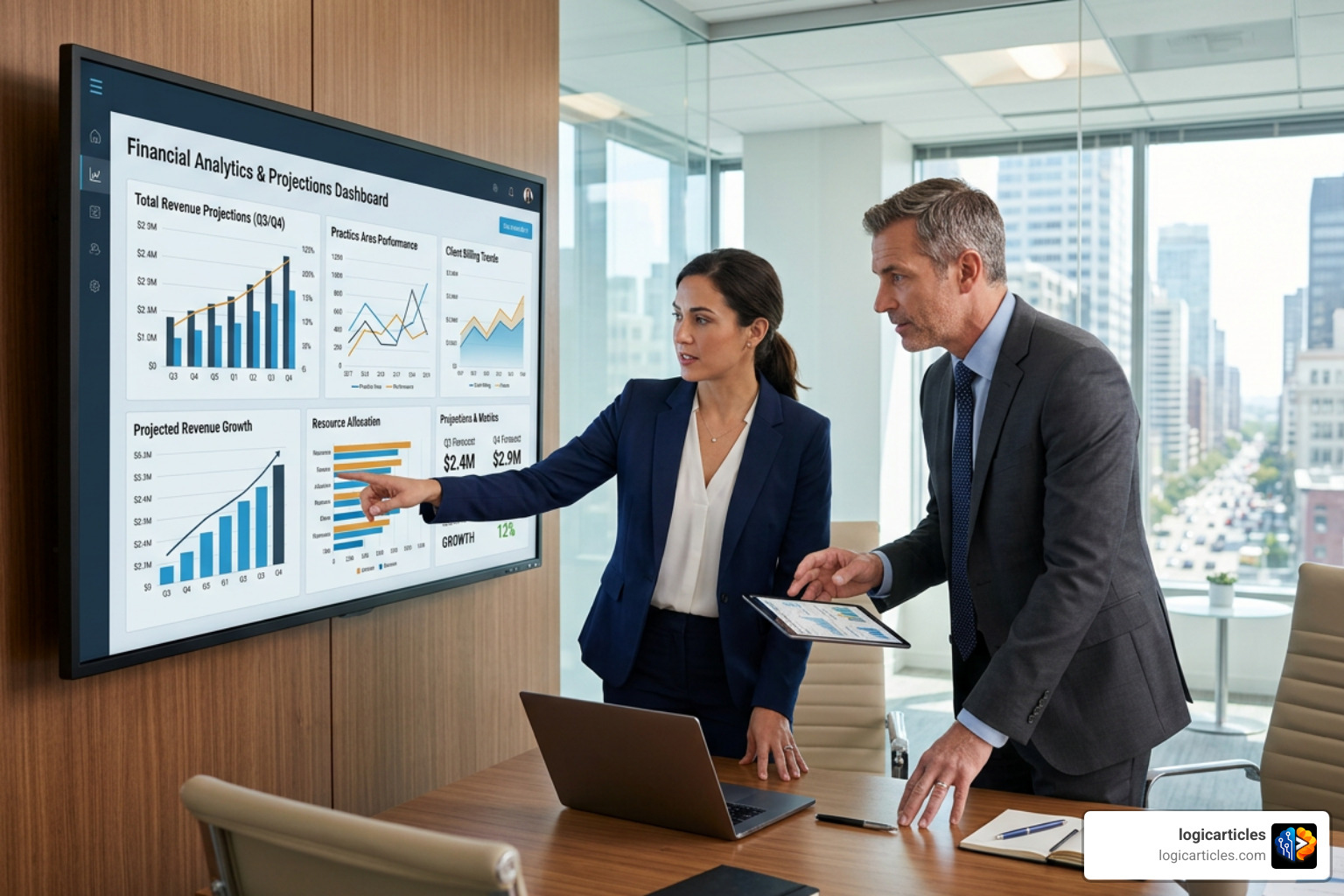 Attorneys analyzing financial projections on software dashboard Attorneys analyzing financial projections on software dashboard