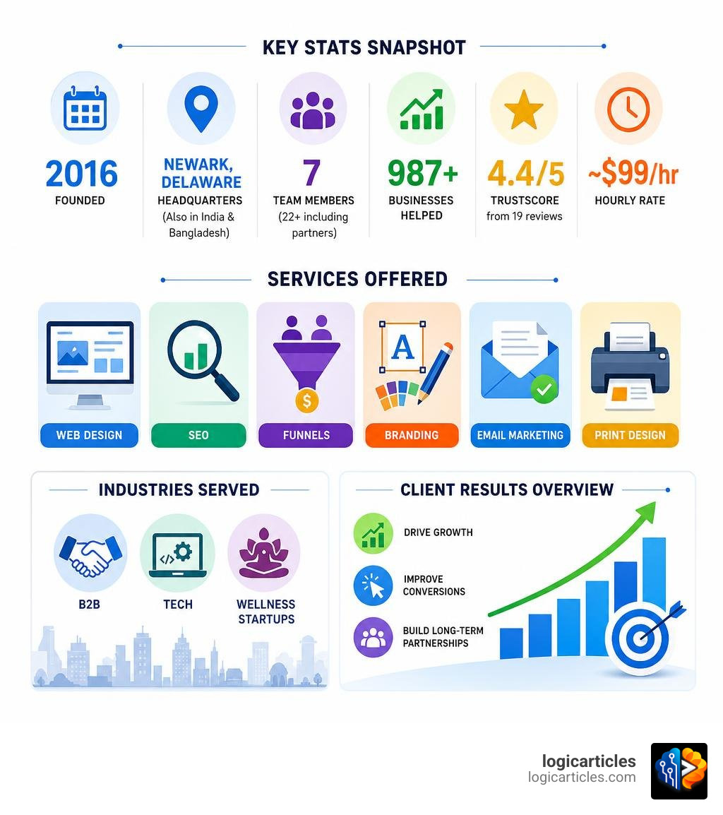 GrowthScribe key stats, services, industries served, and client results overview infographic GrowthScribe key stats, services, industries served, and client results overview infographic