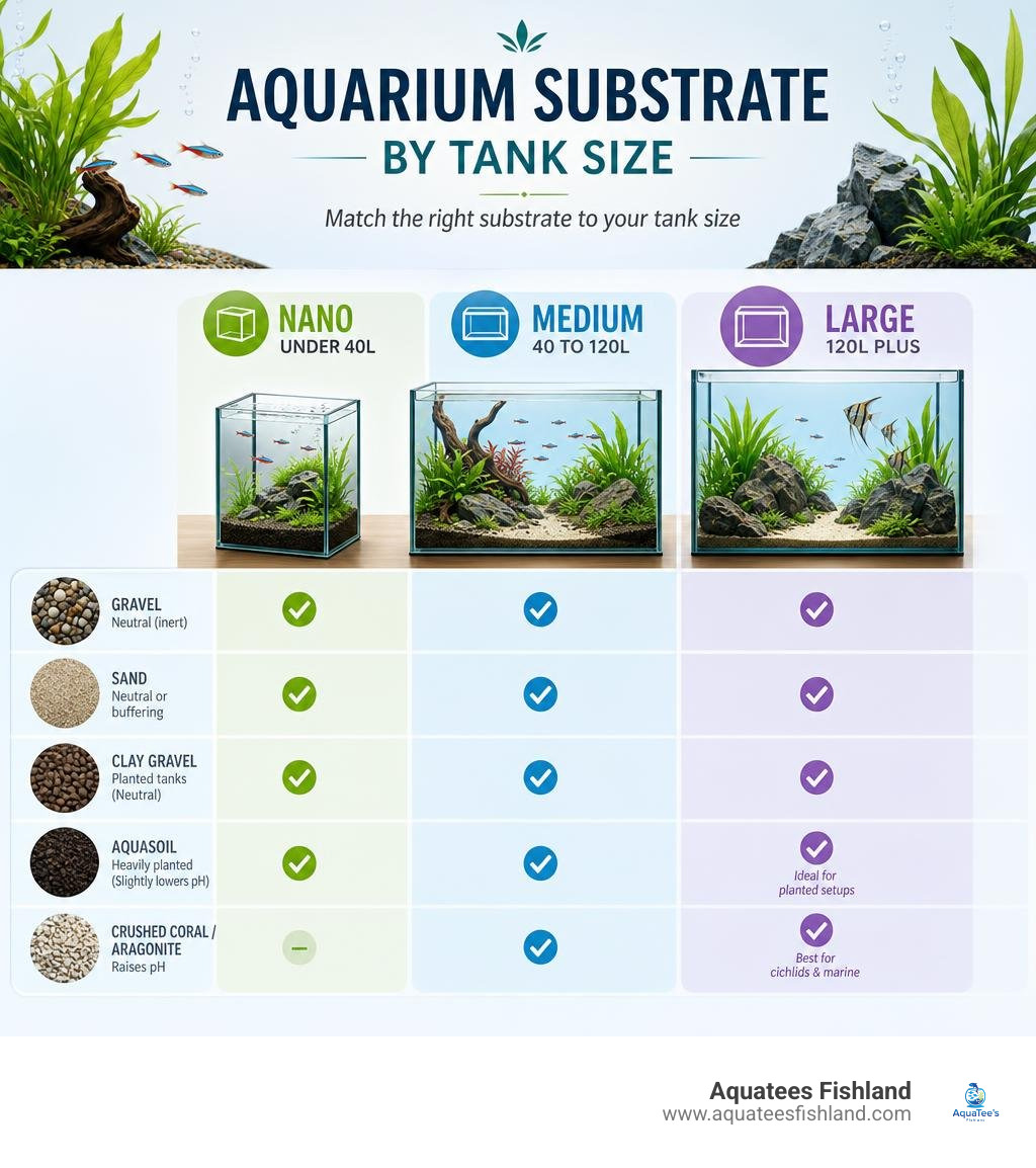 Infographic comparing aquarium substrate types by tank size: Nano under 40L, Medium 40 to 120L, Large 120L plus infographic