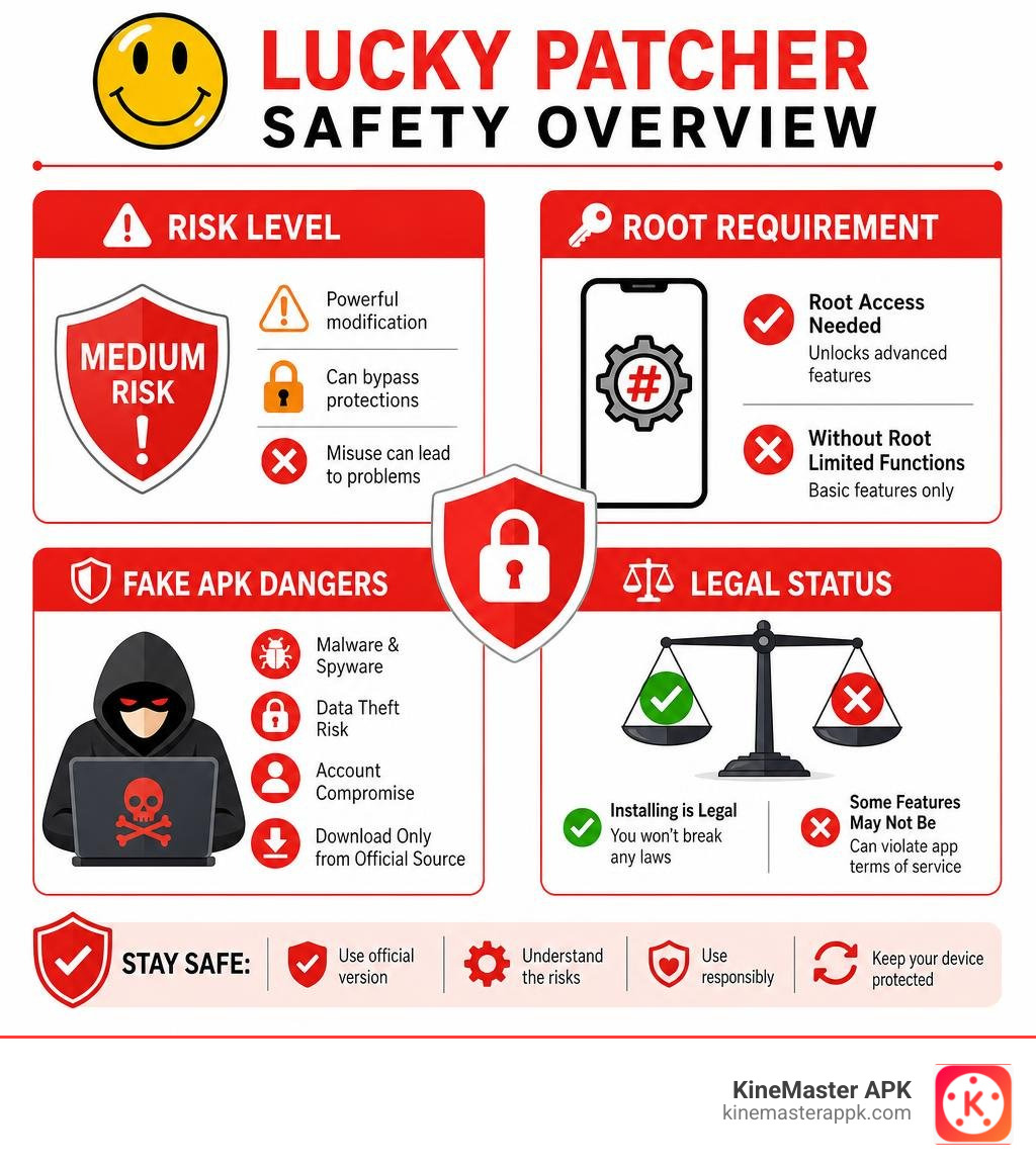 Lucky Patcher safety overview infographic showing risk levels, root requirements, fake APK dangers, and legal status