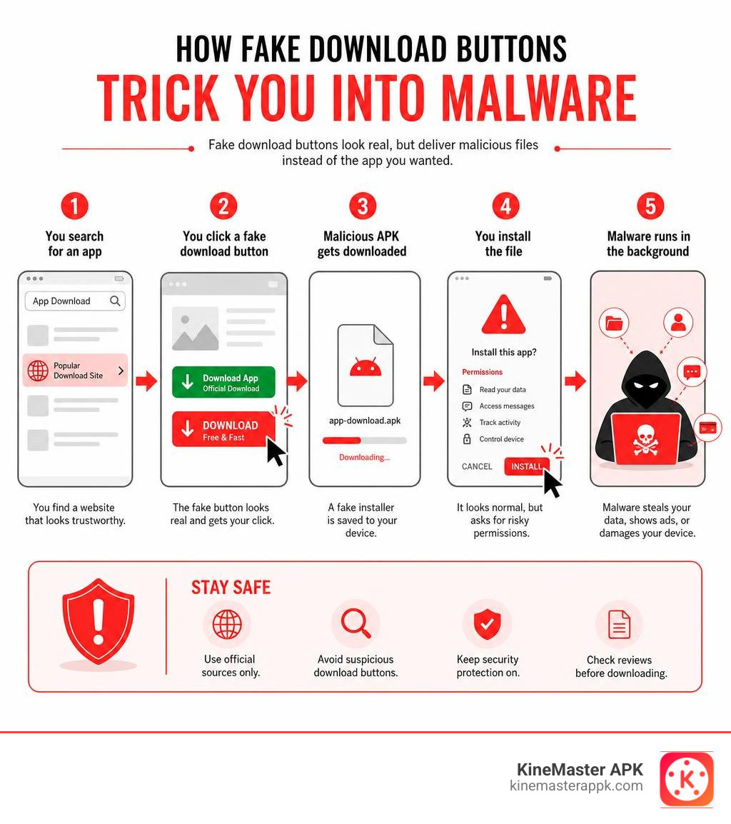 Infographic showing how fake download buttons trick users into installing malware instead of the real app infographic