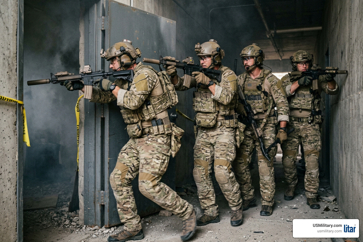American Navy SEALs practicing teamwork under extreme pressure American Navy SEALs practicing teamwork under extreme pressure