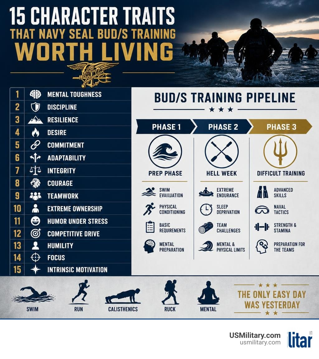 Infographic showing 15 Navy SEAL BUD/S character traits and training pipeline phases infographic Infographic showing 15 Navy SEAL BUD/S character traits and training pipeline phases infographic