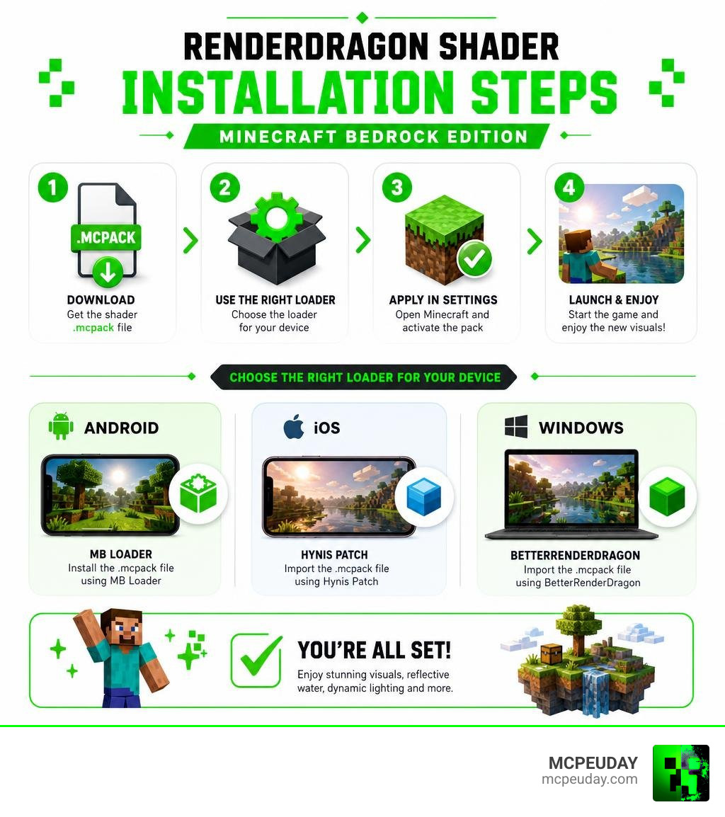 RenderDragon shader installation steps for Minecraft Bedrock Edition on Android iOS and Windows infographic