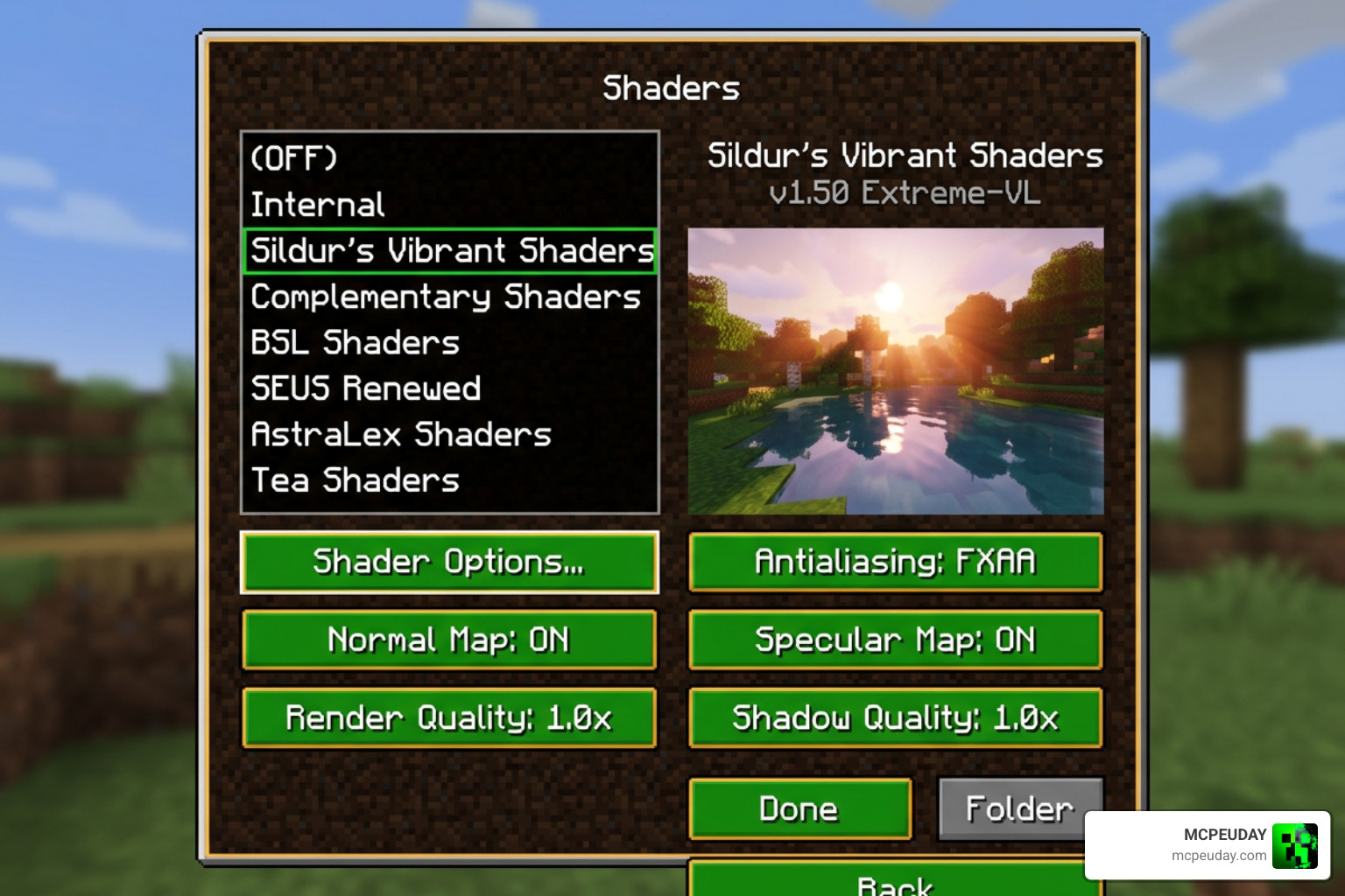 Selecting Sildur's Vibrant Shader in the Minecraft shaderpacks video settings menu