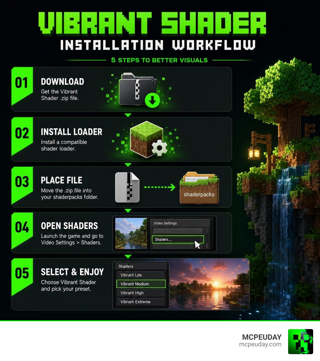 Vibrant Shader installation workflow infographic showing 5 steps from download to in-game activation infographic