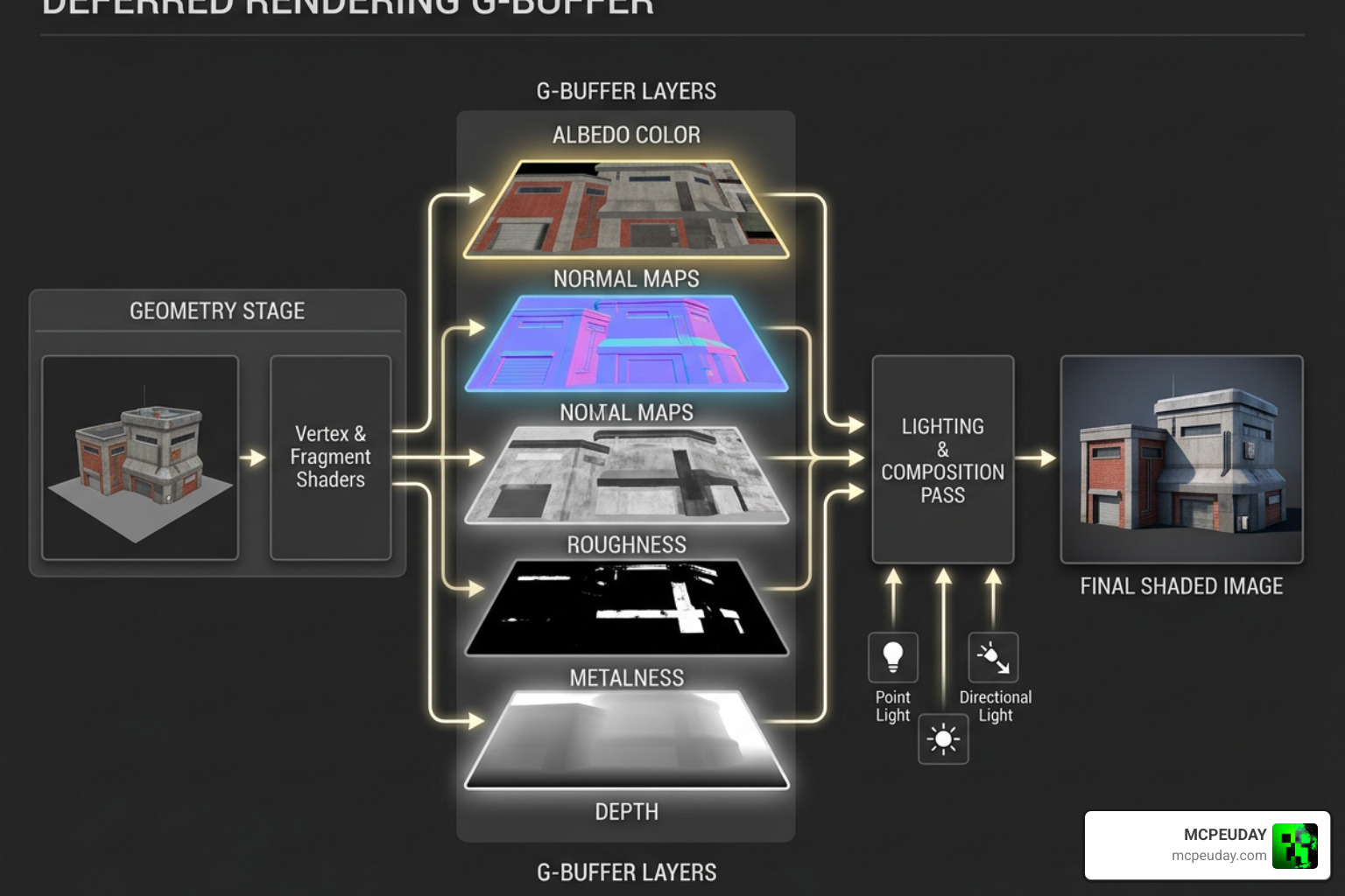 Deferred rendering G-buffer pipeline diagram