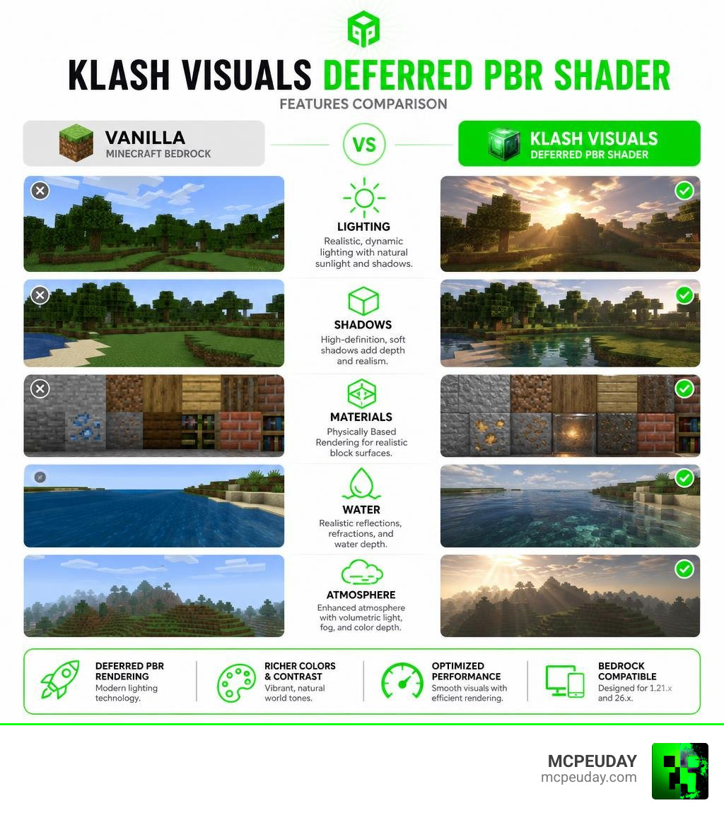 Klash Visuals Deferred PBR Shader features vs vanilla Minecraft Bedrock infographic infographic