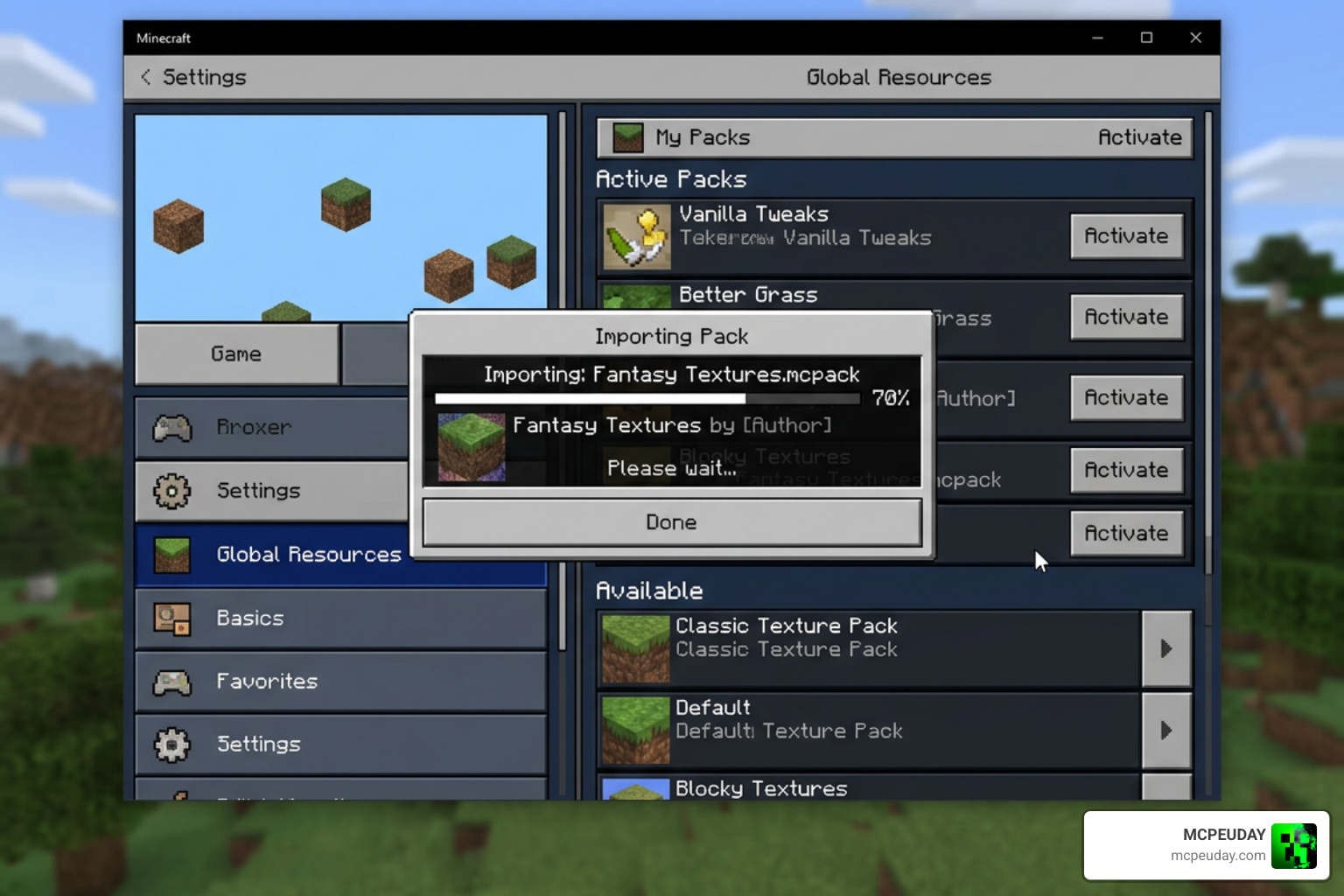 Importing the MCPACK file into Minecraft Bedrock global resources